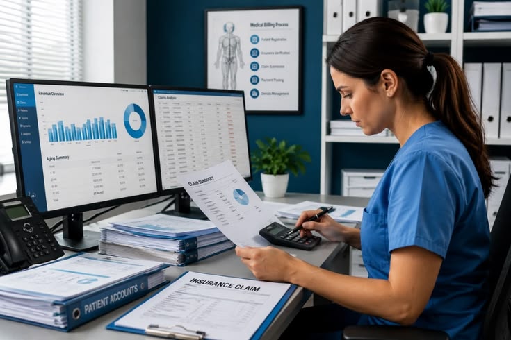 Healthcare administrator reviewing outsourced medical billing services for a medical practice